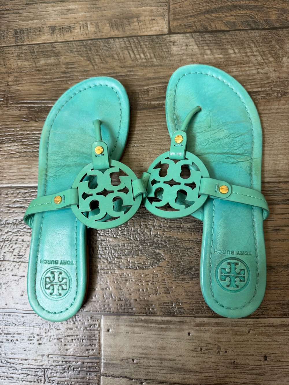 Tory Burch Turquoise Leather Miller Logo Thong Sandals